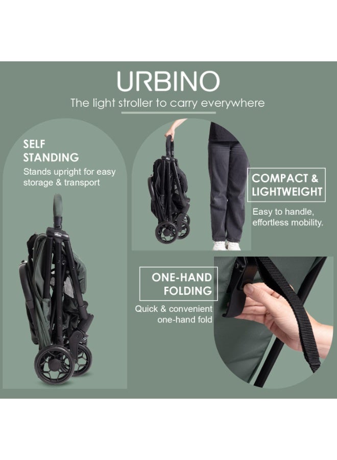 Chicco Urbino Evergreen Stroller |One-Hand fold| Comfortable Wide Seats with Padded Shoulder| Reclining backrest and Adjustable footrest|0-4 Years| Extendable Canopy with UV 50+ Protection - Image 2