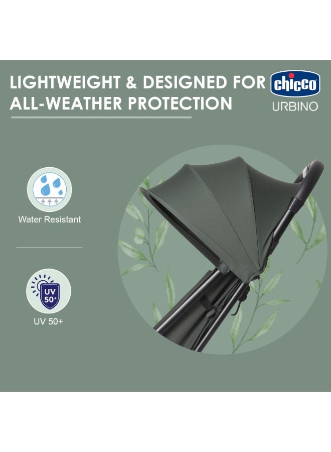 Chicco Urbino Evergreen Stroller |One-Hand fold| Comfortable Wide Seats with Padded Shoulder| Reclining backrest and Adjustable footrest|0-4 Years| Extendable Canopy with UV 50+ Protection - Image 3