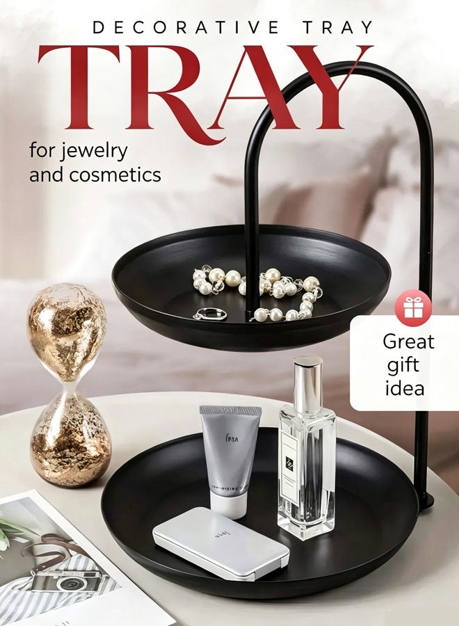 WangPangZi Necklace Display Stand 2 Tier Jewelry Holder Tabletop Jewelry Organizer Tower with Round Storage Tray Organizer Tower for Bracelets Necklaces Earrings Makeups(Black) - Image 1