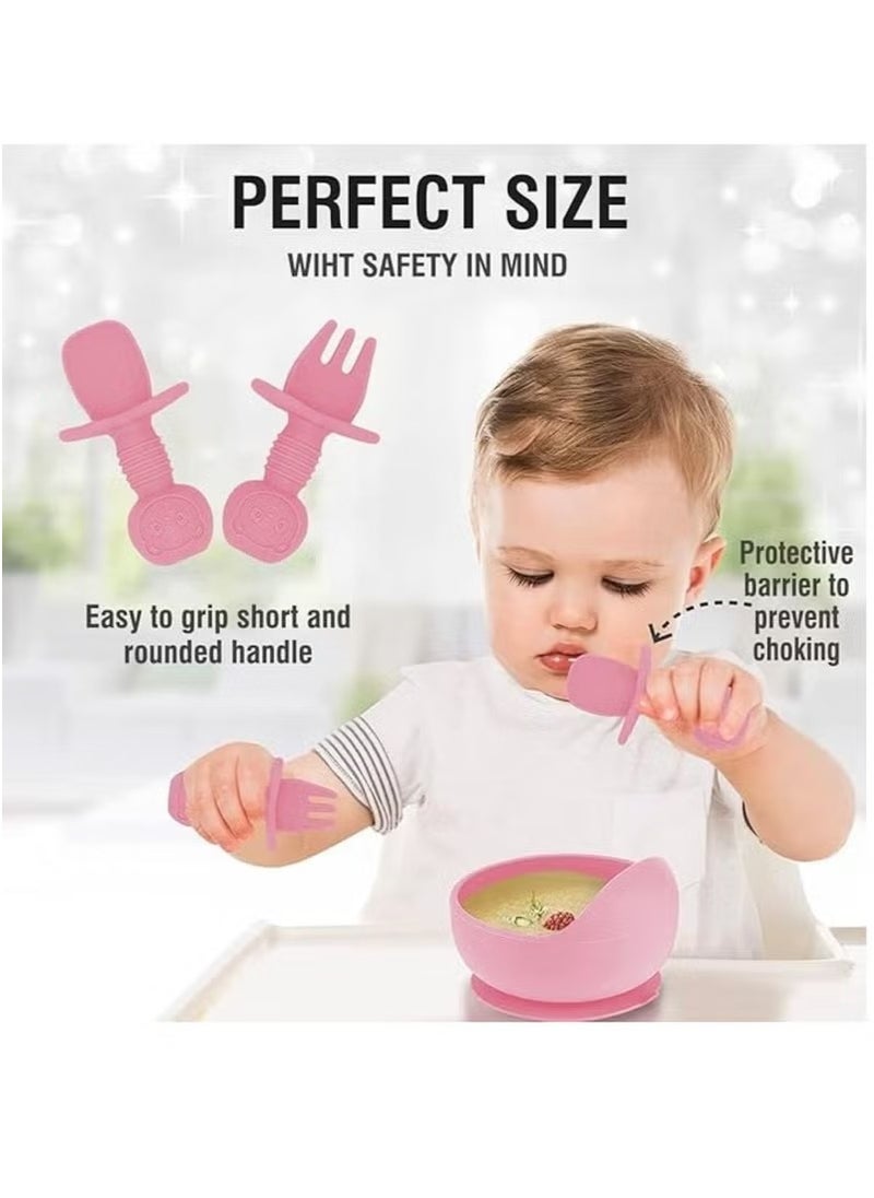Gonice 8 Pcs Silicone Baby Feeding Set, Suction Bowl Divided Plate, Self Feeding Spoons Forks Sippy Cup Adjustable Bib, for 6+ Months (Pink)  - Image 5