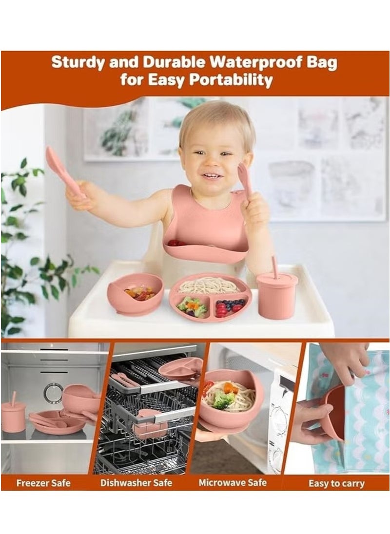Gonice 8 Pcs Silicone Baby Feeding Set, Suction Bowl Divided Plate, Self Feeding Spoons Forks Sippy Cup Adjustable Bib, for 6+ Months (Pink)  - Image 2