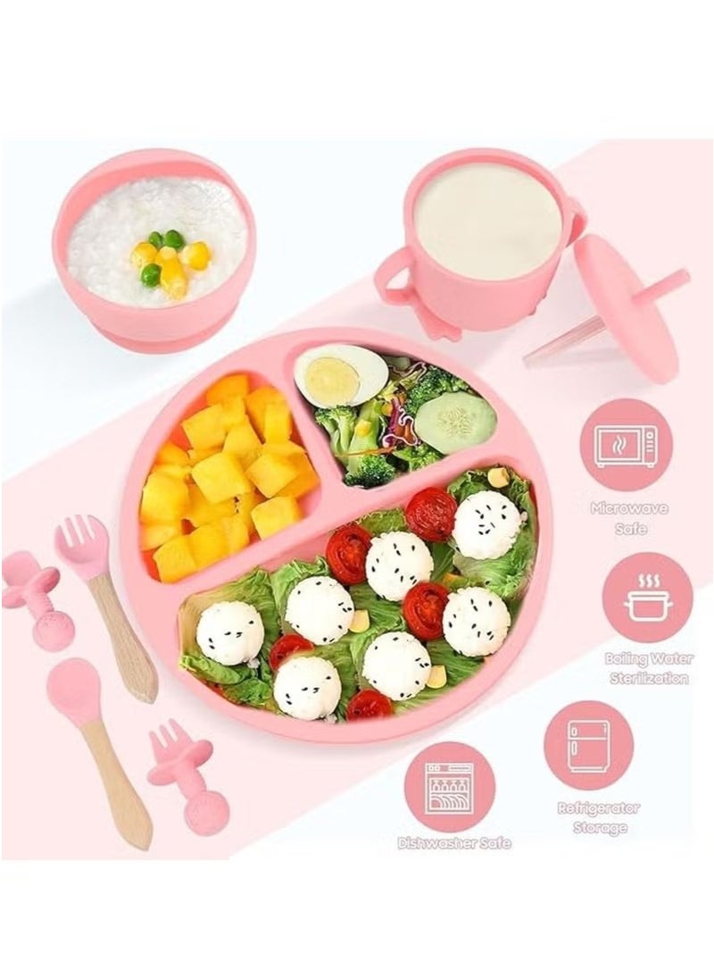 Gonice 8 Pcs Silicone Baby Feeding Set, Suction Bowl Divided Plate, Self Feeding Spoons Forks Sippy Cup Adjustable Bib, for 6+ Months (Pink)  - Image 4