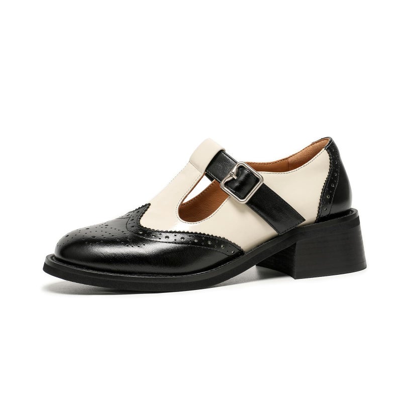 BEAU TODAY Mary Jane Oxfords for Women,Chunky Wingtip Oxford,T-Strap Leather Retro Shoes for Women,Brogue Mid Heels Dressy Business Office Platform Shoes with Black and White Coffee US 7 - Image 1