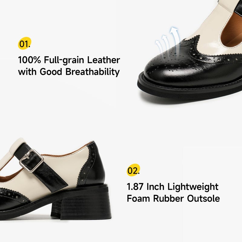 BEAU TODAY Mary Jane Oxfords for Women,Chunky Wingtip Oxford,T-Strap Leather Retro Shoes for Women,Brogue Mid Heels Dressy Business Office Platform Shoes with Black and White Coffee US 7 - Image 4