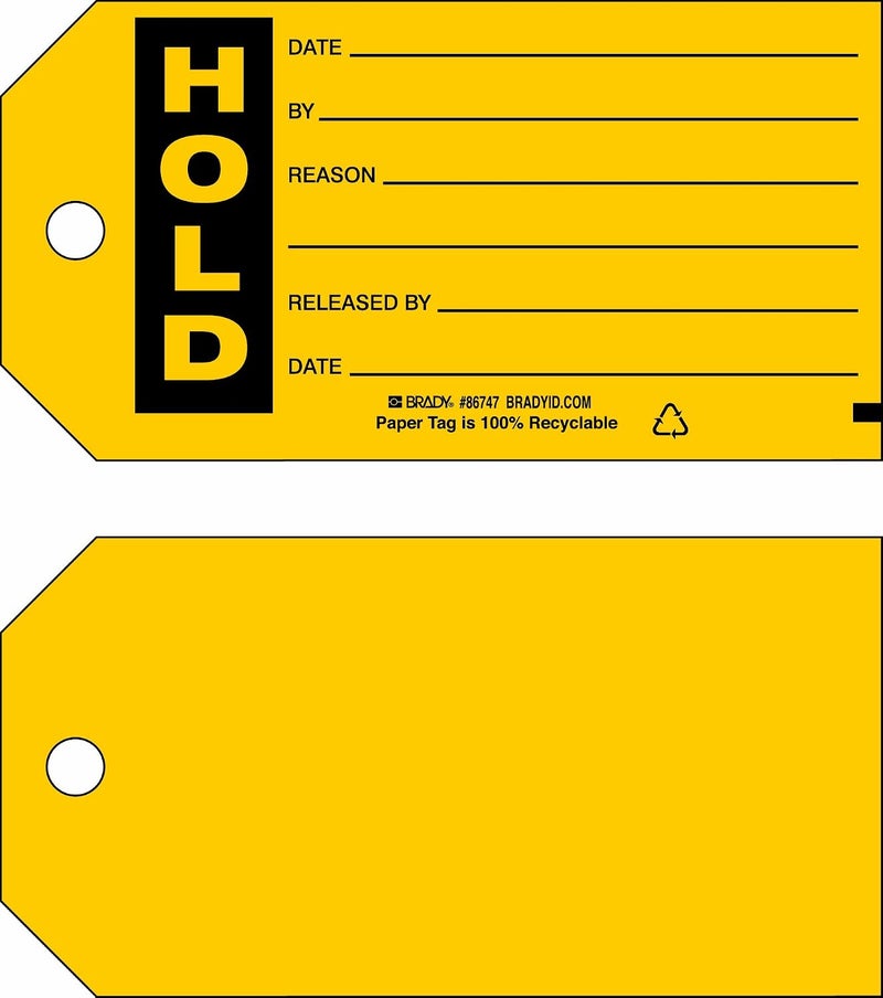 Brady Hold Tag, 3" x 5 3/4", Black on Yellow, Pack of 100