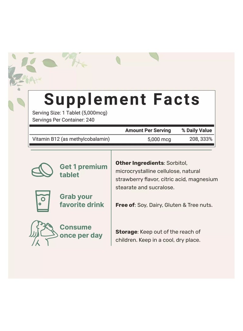Micro Ingredients مكونات دقيقة فيتامين ب12 5000 ميكروجرام | ميثيل ب12 الشكل النشط – 240 قرصًا قابلًا للمضغ - Image 3