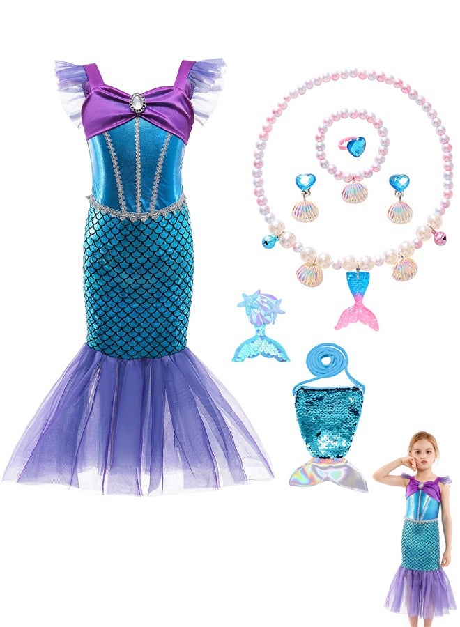 Little Girls Mermaid Princess Costume Party Dress For Kids Mermaid Costume Princess Dress Up With Accessories Including Pendant Earrings Hair Clips Handbag (C) - Image 1