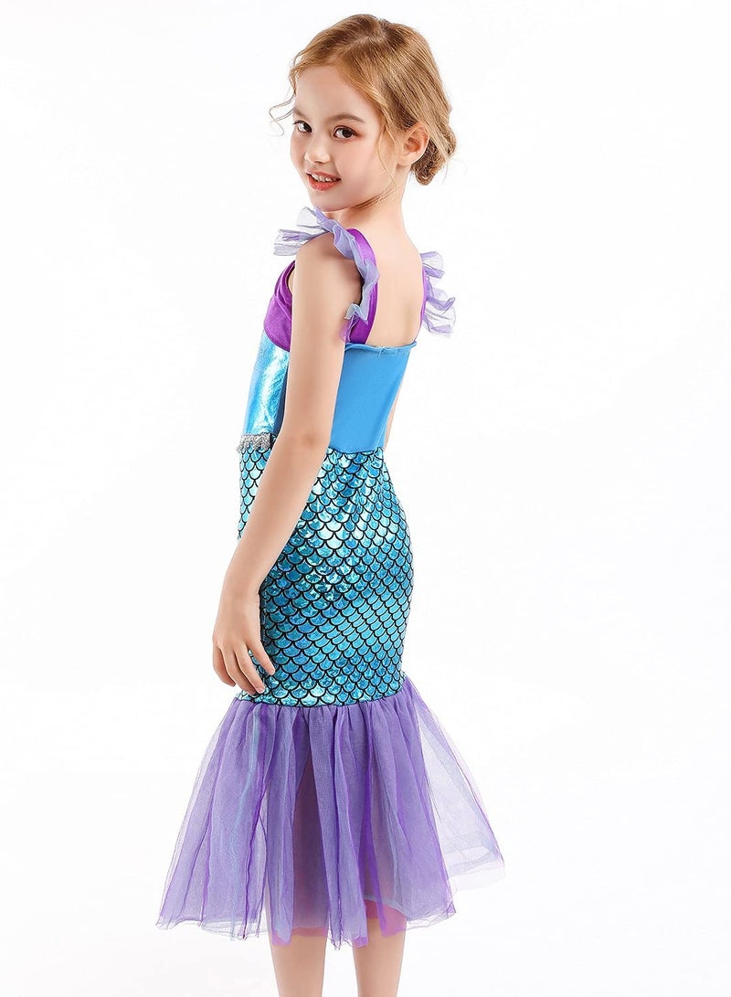 Little Girls Mermaid Princess Costume Party Dress For Kids Mermaid Costume Princess Dress Up With Accessories Including Pendant Earrings Hair Clips Handbag (C) - Image 2