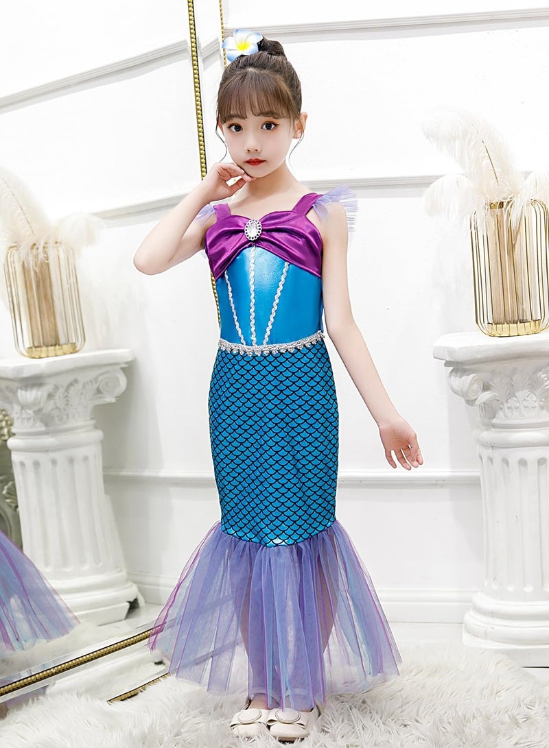 Little Girls Mermaid Princess Costume Party Dress For Kids Mermaid Costume Princess Dress Up With Accessories Including Pendant Earrings Hair Clips Handbag (C) - Image 5