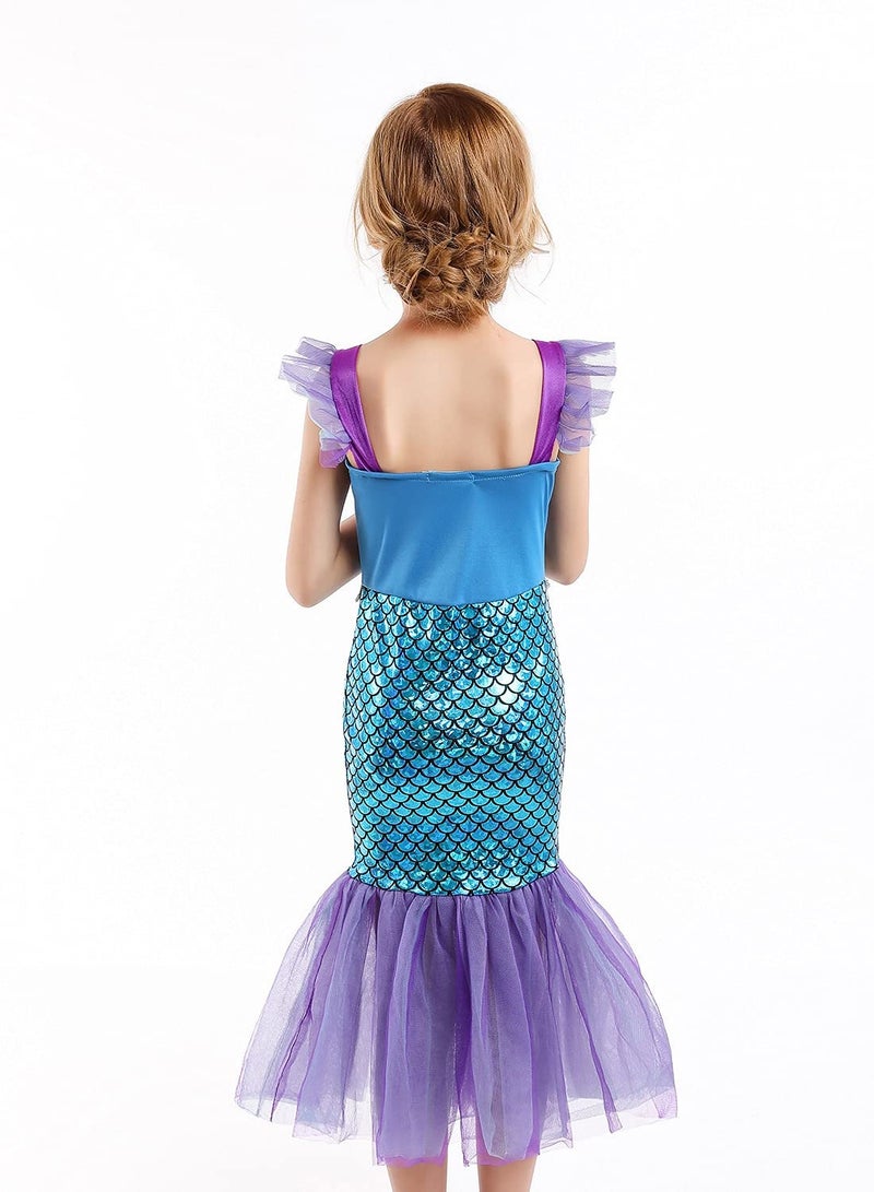 Little Girls Mermaid Princess Costume Party Dress For Kids Mermaid Costume Princess Dress Up With Accessories Including Pendant Earrings Hair Clips Handbag (C) - Image 4