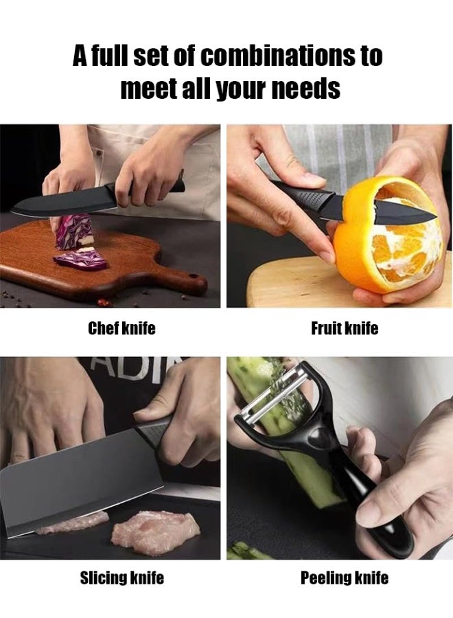 طقم سكاكين مطبخ من 7 قطع-5 سكاكين من الستانلس ستيل الأسود مع أغماد، لوح تقطيع، وكتلة سكاكين-سكاكين مطبخ من الستانلس ستيل بمقبض مريح من مادة البولي بروبيلين (أسود) - Image 3