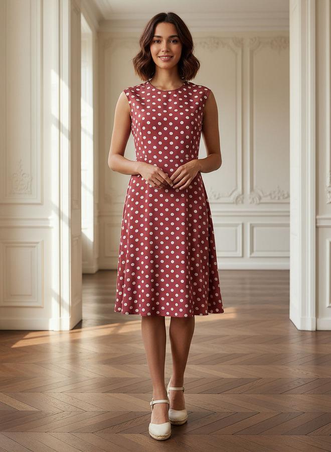 Splash FAV Polka Dot Print Sleeveless Knee length Dress with Crew Neck - Image 1