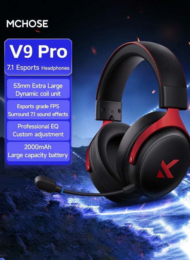 مكشوزي سماعه قيمنق ألعاب لاسلكية V9 Pro مزودة بميكروفون، 2.4 جيجاهرتز/بلوتوث، لاسلكية وسلكية، مشغلات 53 مم، صوت محيطي 7.1، زمن انتقال منخفض للغاية 15 مللي ثانية، ميكروفون قابل للفصل مع خاصية إلغاء الضوضاء بالذكاء الاصطناعي، شحن من النوع C، أسود/أحمر - Image 2