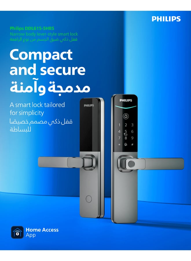 Philips 615-5HBS Smart Lock, Bluetooth Lock with Home Access App Control, Fingerprint, RFID, PIN Code, Mechanical Key, Temporary PINs, Semiconductor Fingerprint Unlock (≤0.5s Recognition), C-grade lock cylinder Sky grey - Image 1