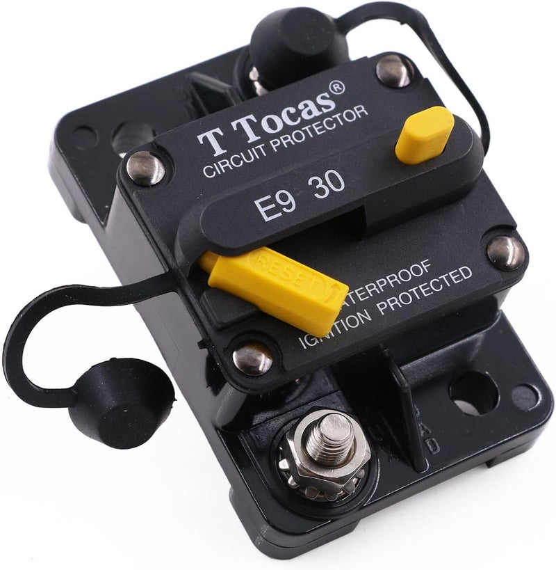 T Tocas E9 30 Amp Circuit Breaker with Manual Reset | 12V - 72V DC | Waterproof IP67 Protection - Image 1
