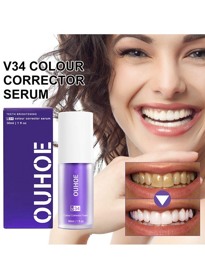 OUHOE Teeth Brightening - V34 Teeth Color Corrector Serum, Purple Teeth Brightening Toothpaste, Remove Stains, Teeth Brightening Purple Toothpaste, Remove Coffee, Stains, Yellow Teeth (30ML) - Image 1