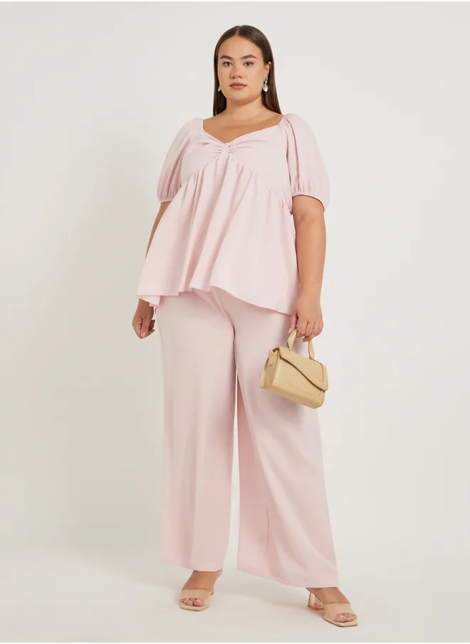 Styli Plus Size Solid Puff Sleeves Twist Front Top