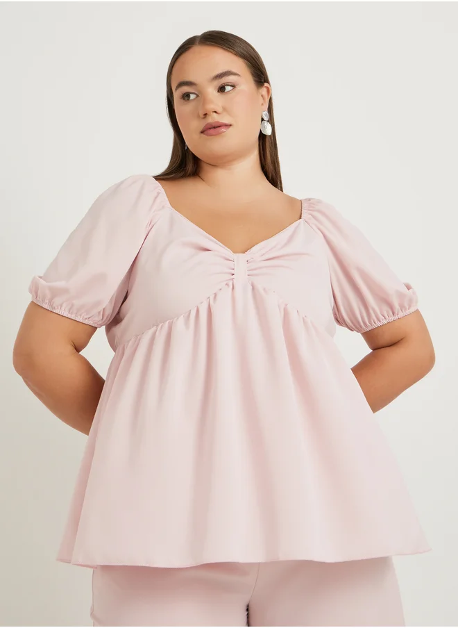 Styli Plus Size Solid Puff Sleeves Twist Front Top