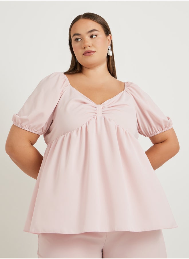 Styli Plus Size Solid Puff Sleeves Twist Front Top  - Image 1