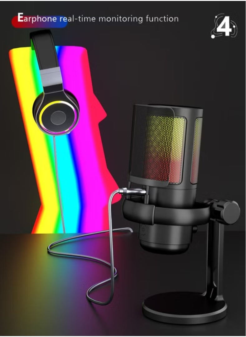 Gaming Microphone With RGB Lighting, USB Condenser Podcasting Microphone, Tap to Mute Sensor, Pop Filter, USB PC, Mac/PS4/PS5 Computer Desktop Microphone for Gaming, Streaming, Recording