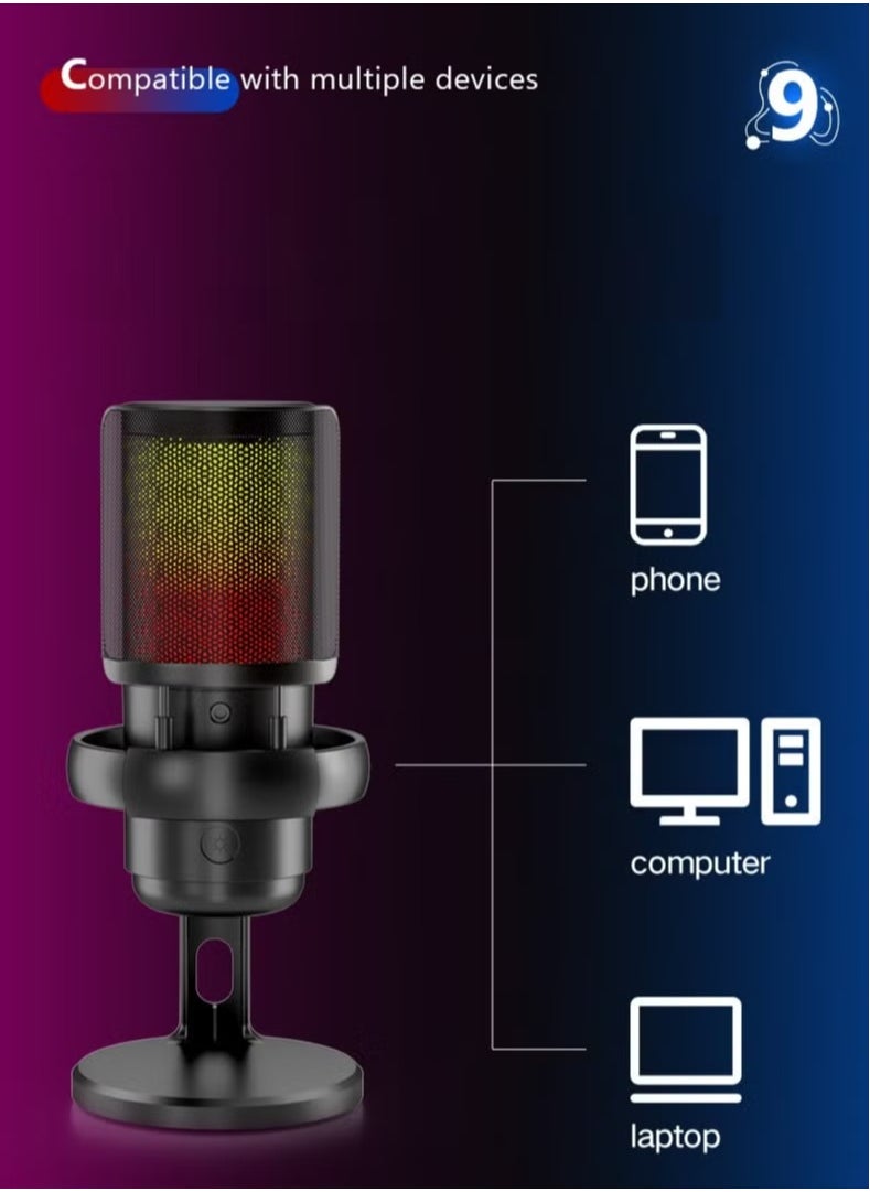 Gaming Microphone With RGB Lighting, USB Condenser Podcasting Microphone, Tap to Mute Sensor, Pop Filter, USB PC, Mac/PS4/PS5 Computer Desktop Microphone for Gaming, Streaming, Recording