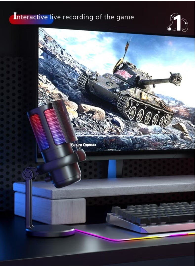 Gaming Microphone With RGB Lighting, USB Condenser Podcasting Microphone, Tap to Mute Sensor, Pop Filter, USB PC, Mac/PS4/PS5 Computer Desktop Microphone for Gaming, Streaming, Recording