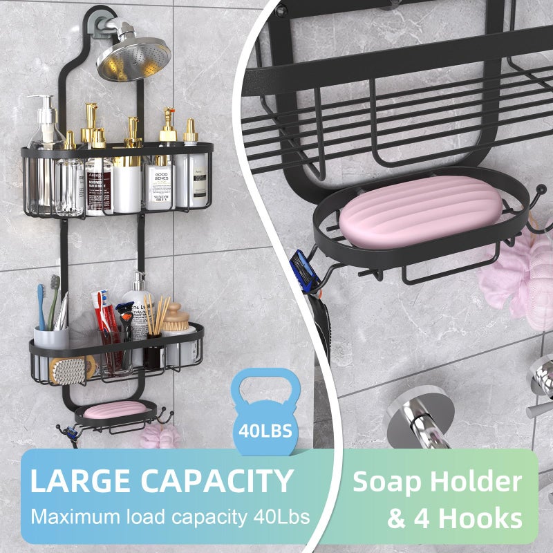Kadolina Bathroom Hanging Shower Organizer, Over Head Shower Caddy Shower Storage Rack Basket with Hooks for Razor and Sponge Rustproof, Black [Patented] - Image 3