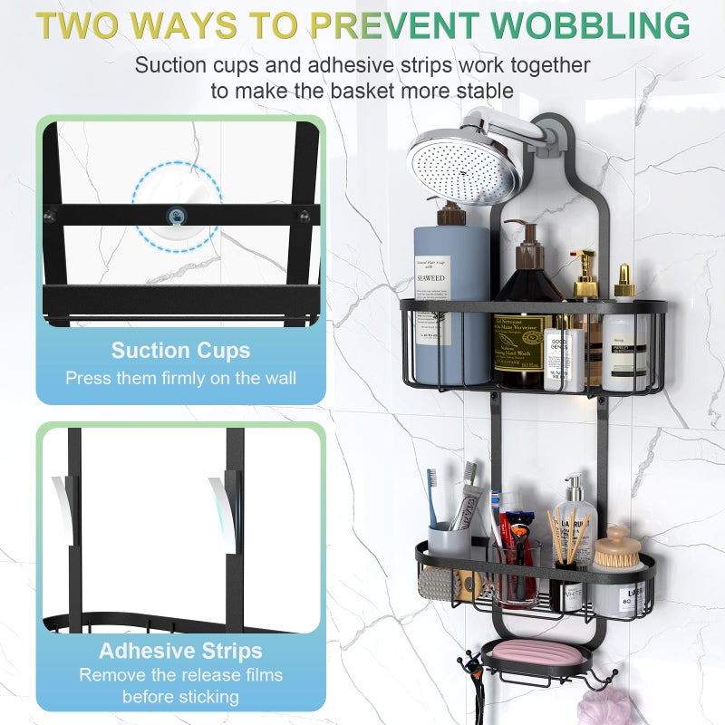 Kadolina Bathroom Hanging Shower Organizer, Over Head Shower Caddy Shower Storage Rack Basket with Hooks for Razor and Sponge Rustproof, Black [Patented] - Image 2