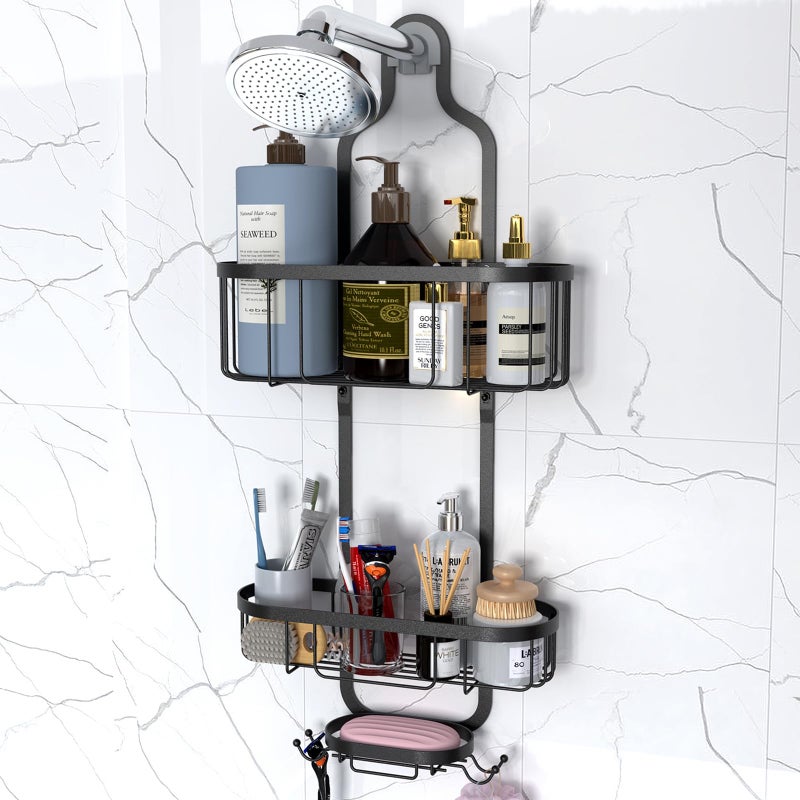Kadolina Bathroom Hanging Shower Organizer, Over Head Shower Caddy Shower Storage Rack Basket with Hooks for Razor and Sponge Rustproof, Black [Patented] - Image 5