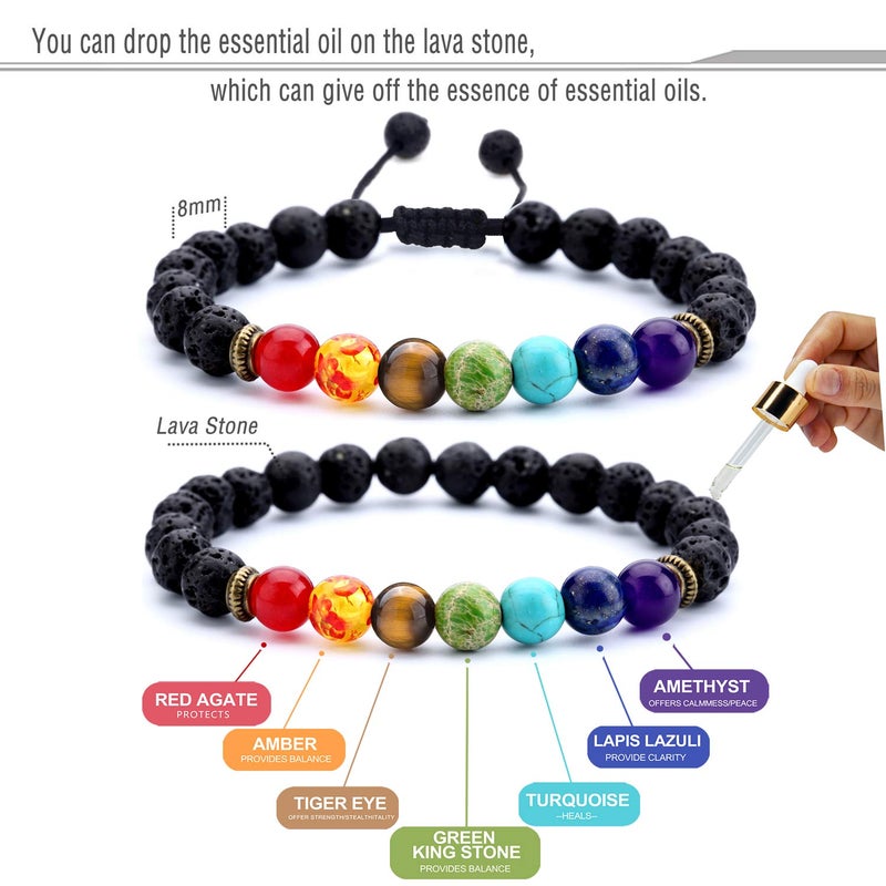 Hamoery Men Women 8mm Lava Rock Chakra Beads Bracelet Set Gifts for Friends Braided Rope Natural Stone Yoga Bracelet Bangle (Set 1) - Image 2