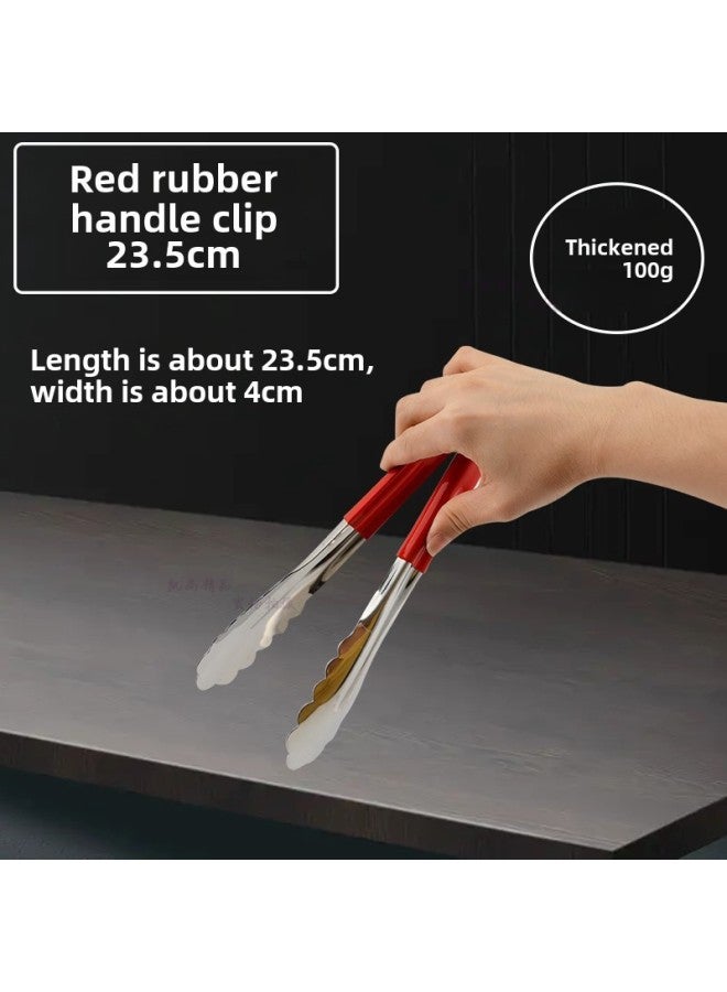 Thickened Stainless Steel Food Tongs Bread Tongs Barbecue Tongs Buffet Tongs Lotus Tongs Steak Tongs Barbecue Supplies-Color:Red Plastic Handle Clip 9inch (23.5CM)  - Image 1