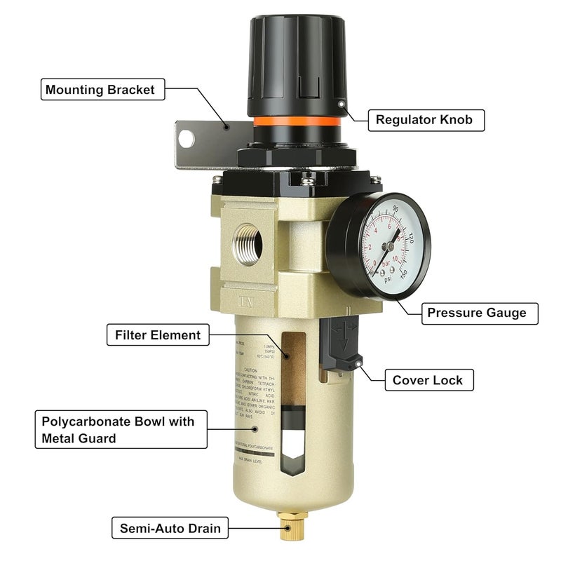Hromee 12 Inch Compressed Filter Regulator Combo Air Compressor Water Oil Trap Separator with Pressure Gauge SemiAuto Drain and Bracket - Image 5