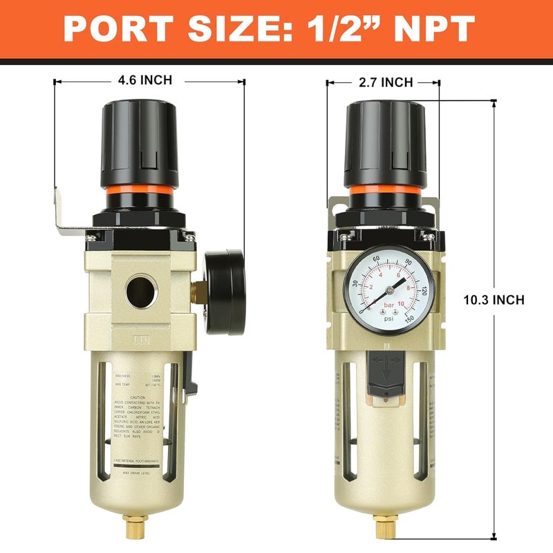 Hromee 12 Inch Compressed Filter Regulator Combo Air Compressor Water Oil Trap Separator with Pressure Gauge SemiAuto Drain and Bracket - Image 4