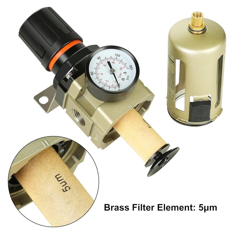 Hromee 12 Inch Compressed Filter Regulator Combo Air Compressor Water Oil Trap Separator with Pressure Gauge SemiAuto Drain and Bracket - Image 2