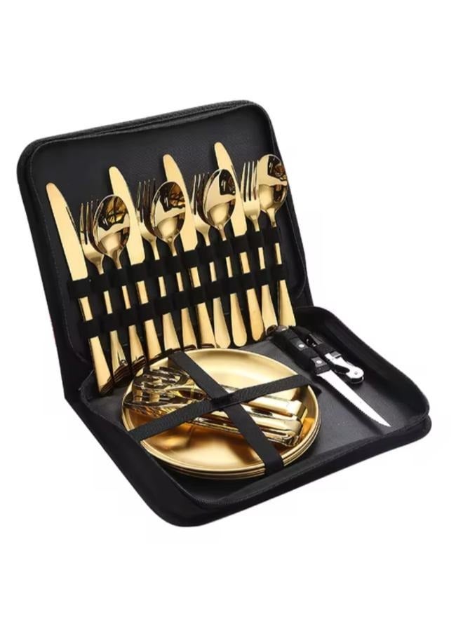 20Pcs Portable Camping Cutlery Set Portable Stainless Steel Tableware Set Dinnerware Bag Clip Spoon Fork Knife Plate for Outdoor Picnic Travel - Image 1