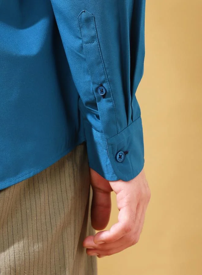دينيس لينغو Men's Teal Cotton Blend Solid Button Down Regular Fit Shirt