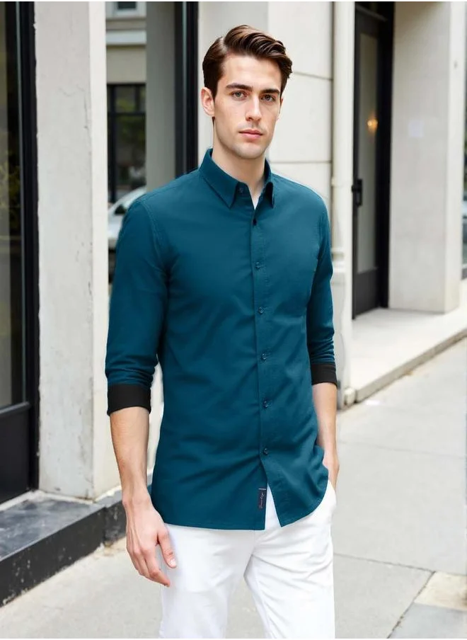 دينيس لينغو Men's Teal Cotton Blend Solid Button Down Regular Fit Shirt