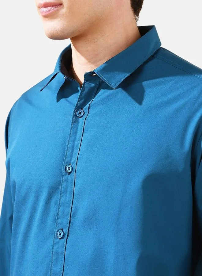 دينيس لينغو Men's Teal Cotton Blend Solid Button Down Regular Fit Shirt