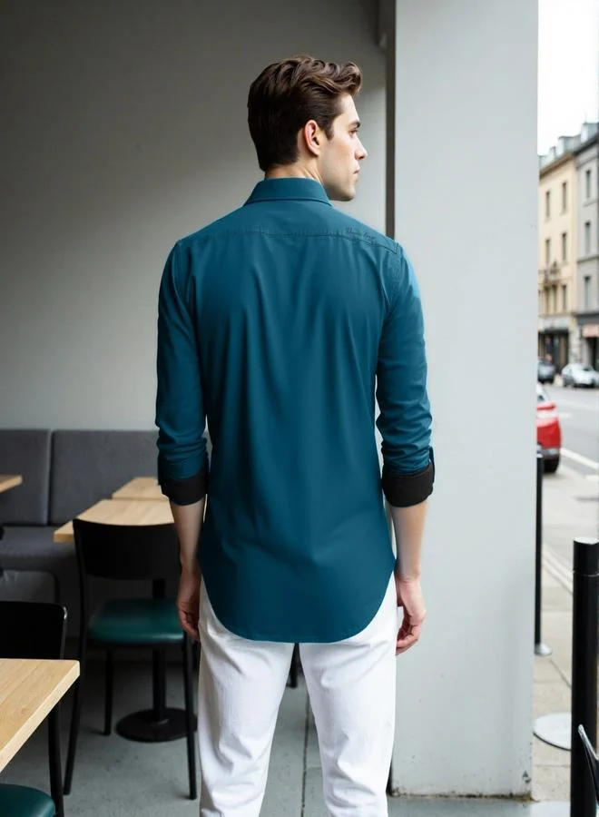 دينيس لينغو Men's Teal Cotton Blend Solid Button Down Regular Fit Shirt