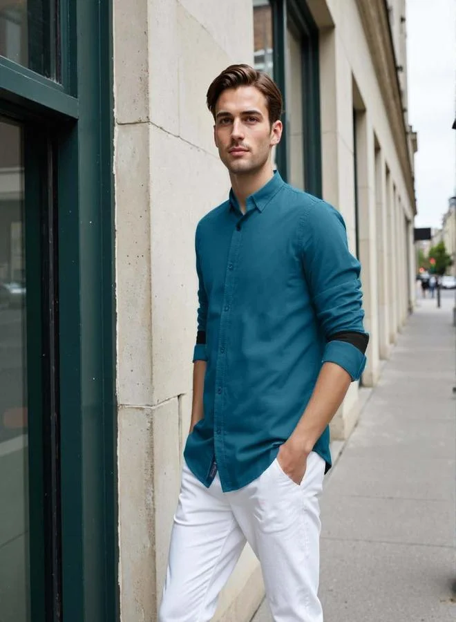 دينيس لينغو Men's Teal Cotton Blend Solid Button Down Regular Fit Shirt