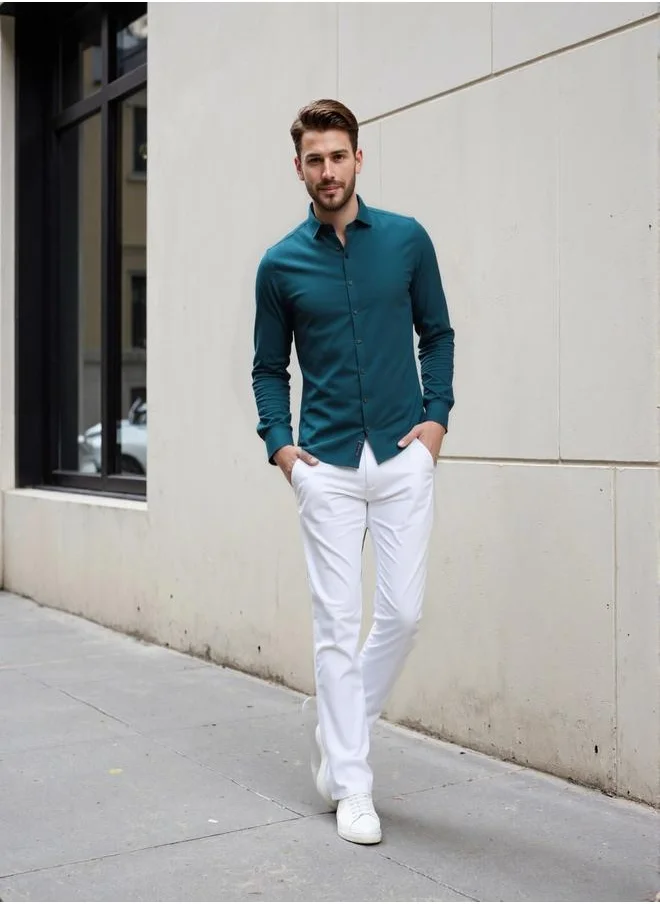 دينيس لينغو Men's Teal Cotton Blend Solid Button Down Regular Fit Shirt