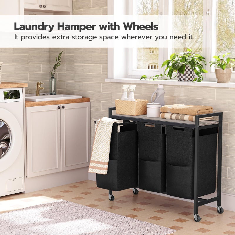 HOOBRO Laundry Sorter 3 Section, Laundry Hamper with Wheels, 3 Ã— 11.5 Gal (43.4L), Rolling Laundry Basket, Pull-Out and Removable Oxford Fabric Bags, Greige and Black BG76XY01 - Image 2