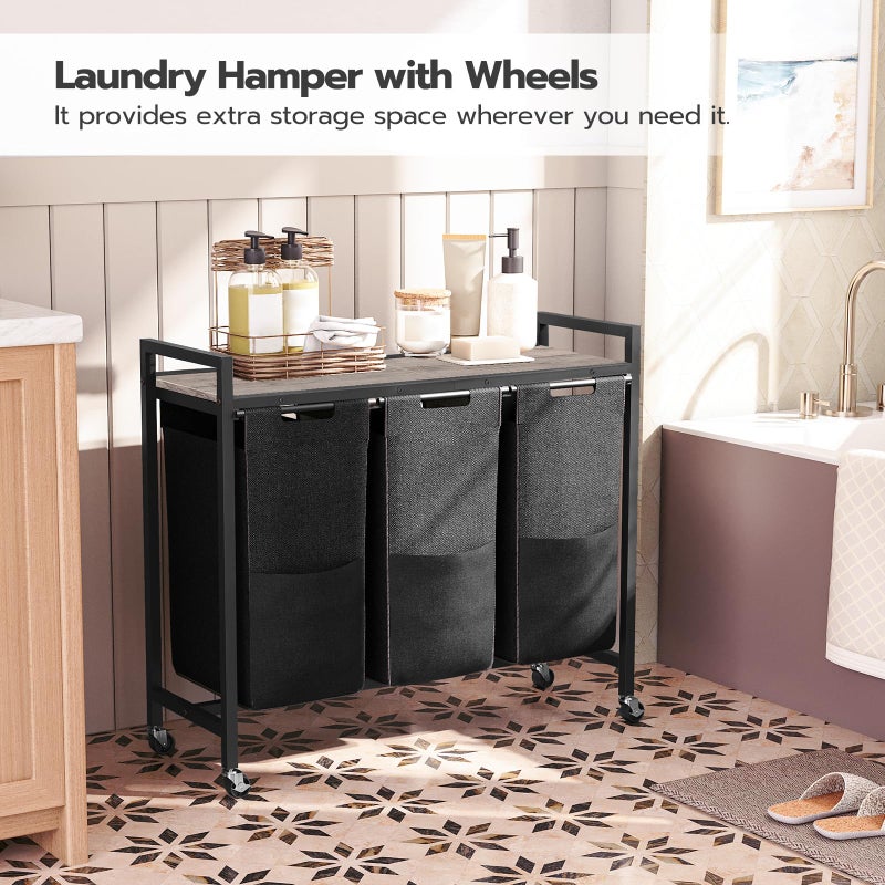 HOOBRO Laundry Sorter 3 Section, Laundry Hamper with Wheels, 3 Ã— 11.5 Gal (43.4L), Rolling Laundry Basket, Pull-Out and Removable Oxford Fabric Bags, Greige and Black BG76XY01 - Image 4