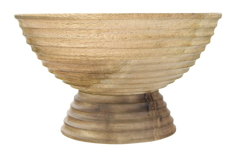 Creative CoOp DF2440 Ridged Mango Wood Footed Bowl Brown 5 quarts Large