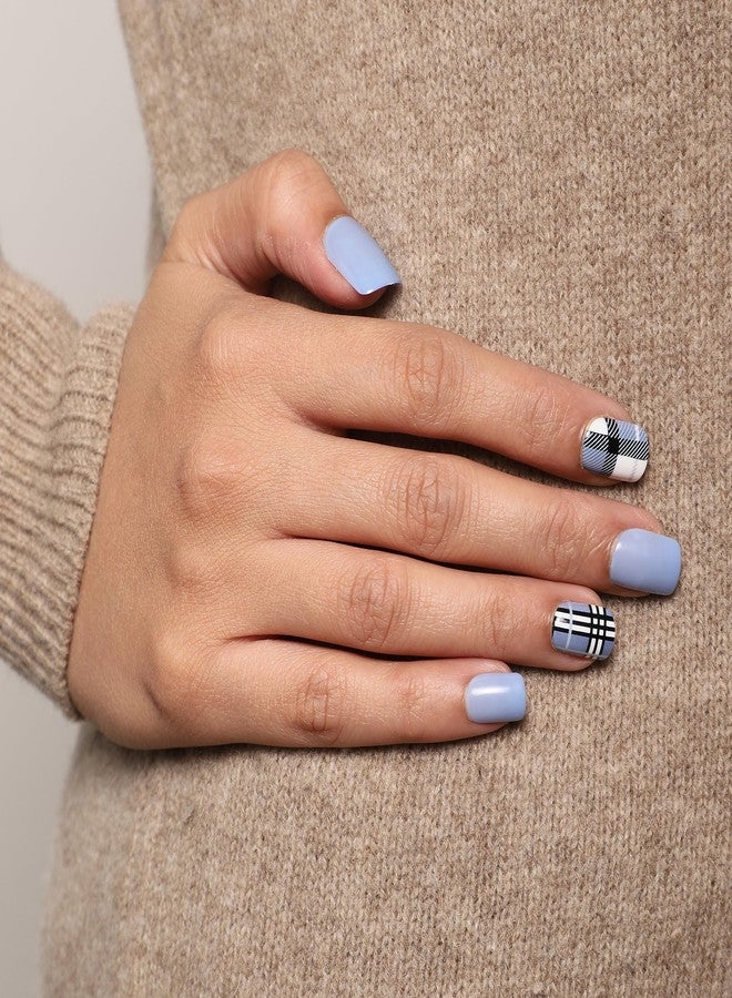 ليك أظافر لاصقة من ليك - 30 قطعة، أظافر صناعية/مزيفة/مقلدة كلاسيكية فرنسية قابلة لإعادة الاستخدام، قاعدة مربعة الشكل وأطراف زرقاء كوبالتية (عبوة من 30 قطعة) - Image 2