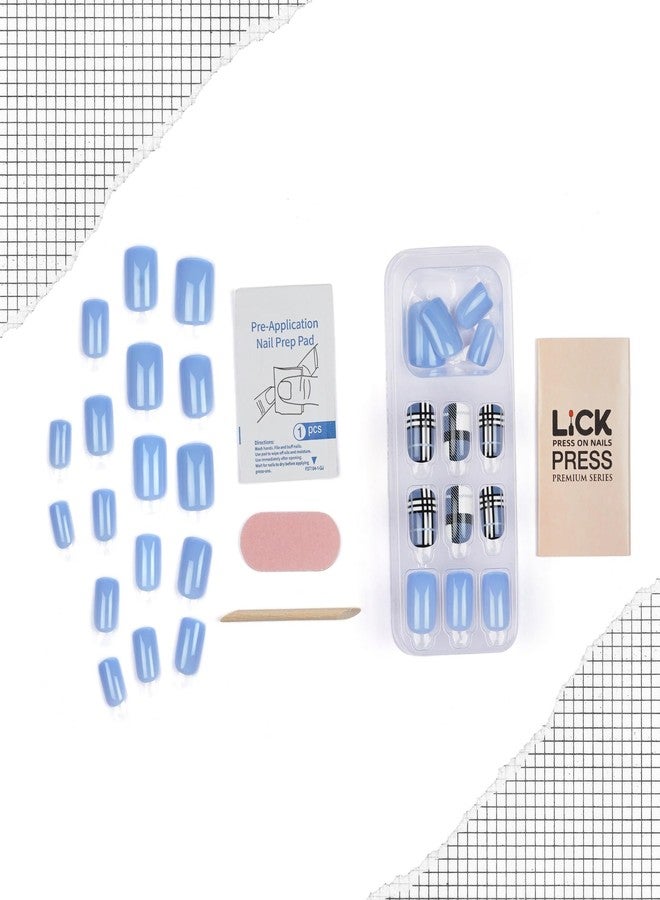 ليك أظافر لاصقة من ليك - 30 قطعة، أظافر صناعية/مزيفة/مقلدة كلاسيكية فرنسية قابلة لإعادة الاستخدام، قاعدة مربعة الشكل وأطراف زرقاء كوبالتية (عبوة من 30 قطعة) - Image 4