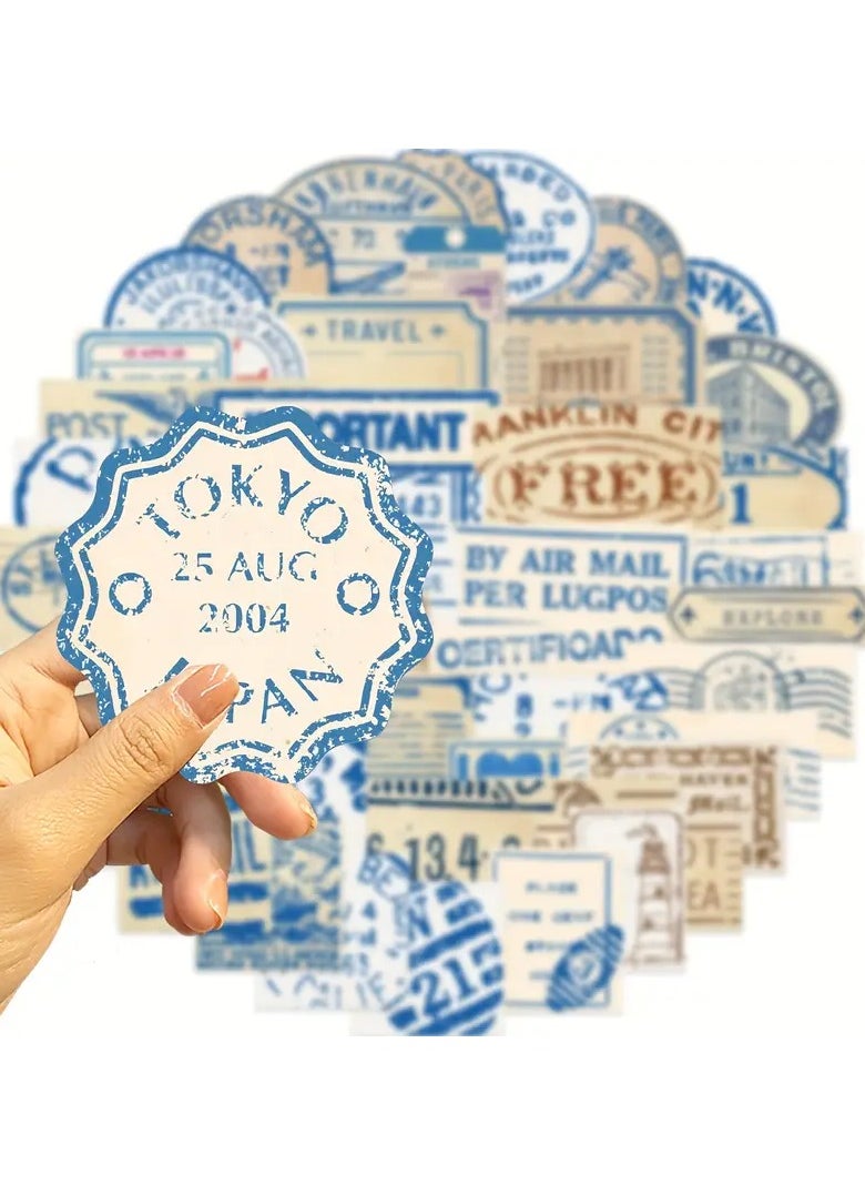 Goolsky GUTBD 50pcs Vinyl Travel Stickers - Cartoon Passport Stamp and Ticket Designs, Self-Adhesive, Reusable, Matte Finish, for Laptops, Luggage and Glass Surfaces, English Language, Irregular Shapes  - Image 2