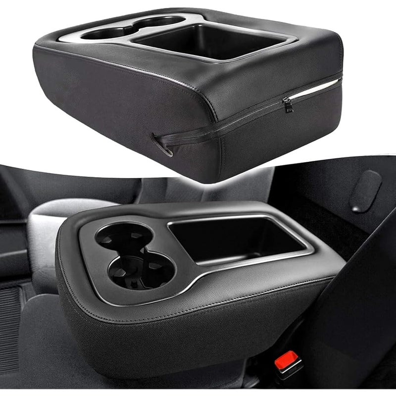 KBH Center Console Armrest Cover for Chevy Tahoe Suburban Silverado, GMC Sierra Yukon 1500 2500 3500 2007-2014, Jump Seat, Leather & Cloth, Car Trim with Zipper Design, Black - Image 1