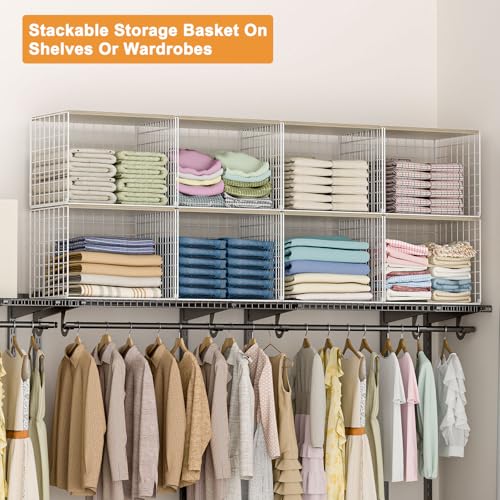 Hencawima Extra-Long Closet Organizers and Storage with Top Board, 3 Pack Stackable Closet Shelf Organizer, Double Storage Design, Clothes Storage Cube/Bin/Basket for Wardrobe, Space-Saving, White,Sturdy,Metal - Image 4