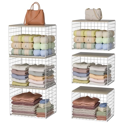 Hencawima Extra-Long Closet Organizers and Storage with Top Board, 3 Pack Stackable Closet Shelf Organizer, Double Storage Design, Clothes Storage Cube/Bin/Basket for Wardrobe, Space-Saving, White,Sturdy,Metal - Image 1
